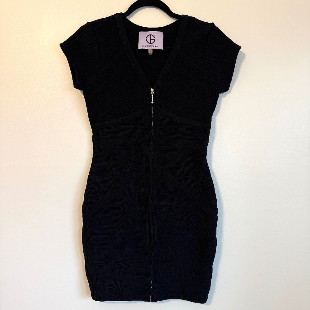 JS Collections Black Zip Front Bandage Mini Dress | Size 6